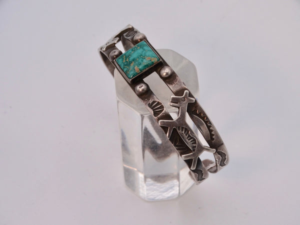 Fred Harvey Navajo Silver Cuff with Square-cut Center Turquoise, Arrow & Dog Motifs J565