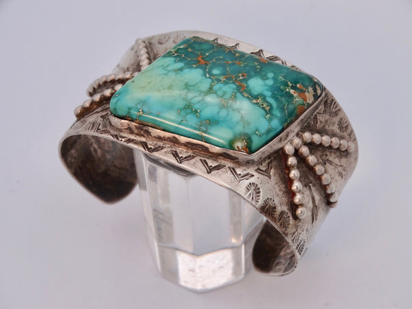 Navajo Silver Cuff w Unique Stampings & Oblong Center Turquoise J566