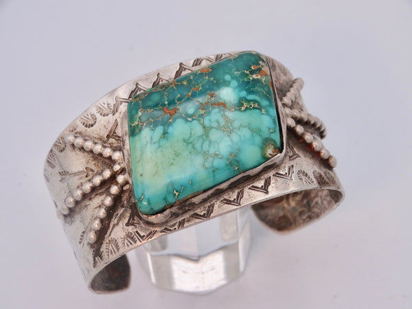 Navajo Silver Cuff w Unique Stampings & Oblong Center Turquoise J566