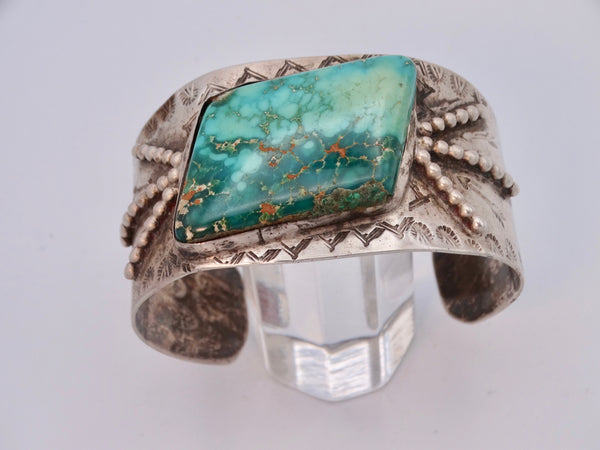 Navajo Silver Cuff w Unique Stampings & Oblong Center Turquoise J566