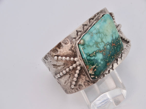 Navajo Silver Cuff w Unique Stampings & Oblong Center Turquoise J566