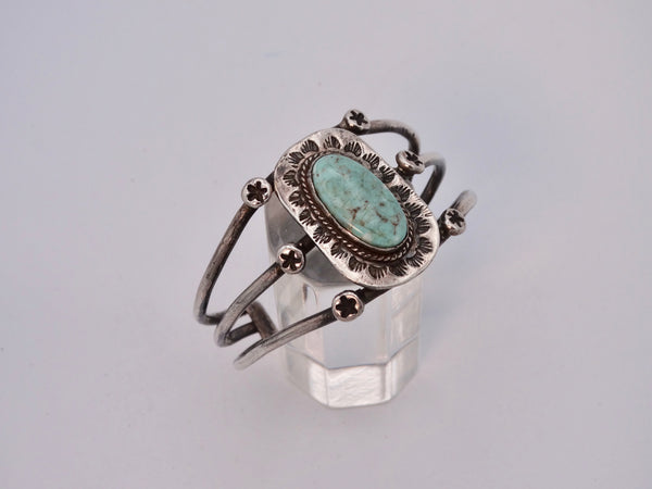 Navajo Three-Band Silver Cuff with Center Design with Turquoise Stone J568