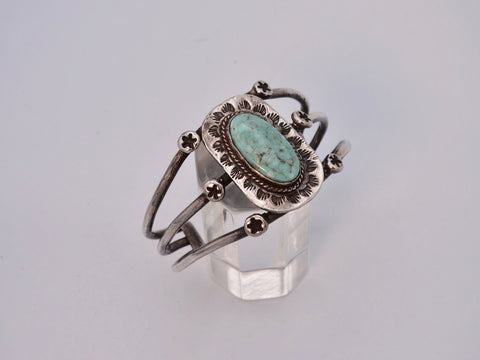 Navajo Three-Band Silver Cuff with Center Design with Turquoise Stone J568