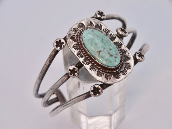 Navajo Three-Band Silver Cuff with Center Design with Turquoise Stone J568