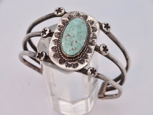 Navajo Three-Band Silver Cuff with Center Design with Turquoise Stone J568