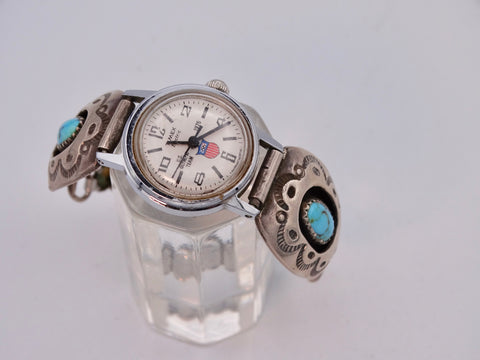 Navajo Ladies' Timex Watch w Silver Band w Two Turquoises In Shadowbox Setting  J570