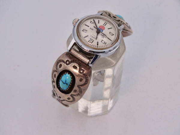 Navajo Ladies' Timex Watch w Silver Band w Two Turquoises In Shadowbox Setting  J570