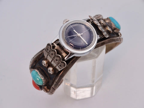 Timex Electric Watch on a Navajo Silver Turquoise & Coral Cuff J571