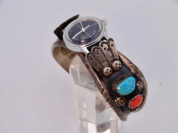 Timex Electric Watch on a Navajo Silver Turquoise & Coral Cuff J571