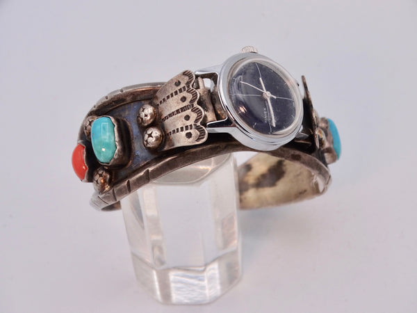 Timex Electric Watch on a Navajo Silver Turquoise & Coral Cuff J571