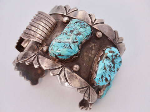 Navajo Silver Watch Cuff with 4 Turquoise Stones J573