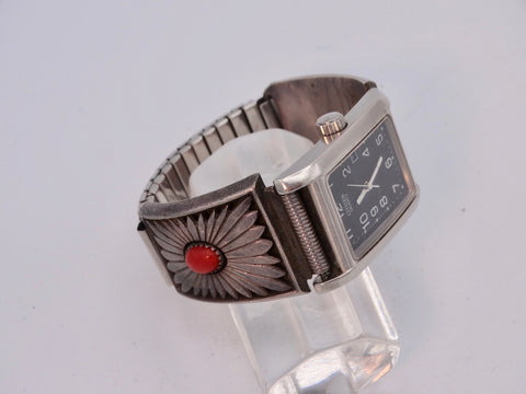 Native American Expandable Silver and Coral Band on a Men's Citizen Quartz Watch J574