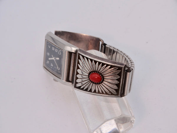 Native American Expandable Silver and Coral Band on a Men's Citizen Quartz Watch J574