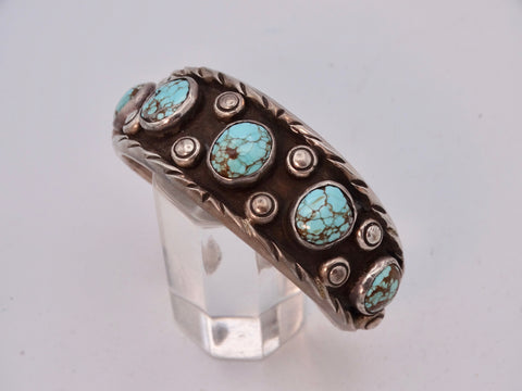 Navajo Silver & 5 Turquoise Shadow Design Leaf Motif Cuff J577