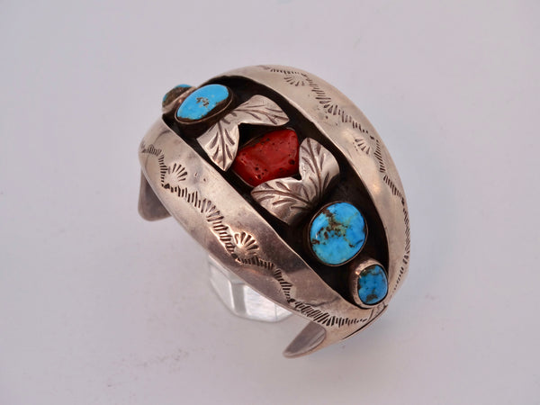 Navajo Silver Cuff with Center Coral Stone Flanked by 4 Turquoises in Shadowbox Setting J584