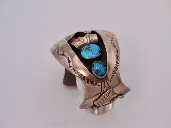 Navajo Silver Cuff with Center Coral Stone Flanked by 4 Turquoises in Shadowbox Setting J584