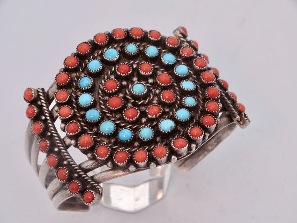 Zuni Multi-stone Open Design Cuff Coral & Turquoise in Alternating Rings J585