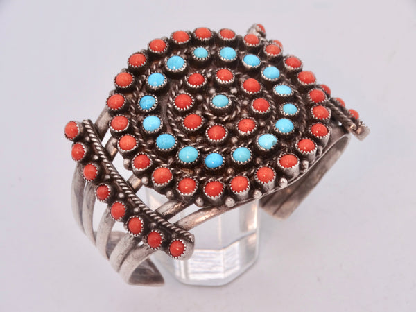 Zuni Multi-stone Open Design Cuff Coral & Turquoise in Alternating Rings J585