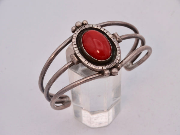 Navajo Open Design Cuff with Center Coral Cabochon in Shadowbox Setting J587