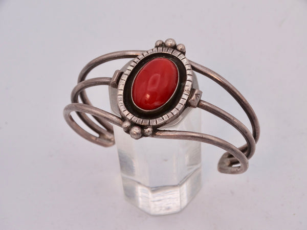 Navajo Open Design Cuff with Center Coral Cabochon in Shadowbox Setting J587