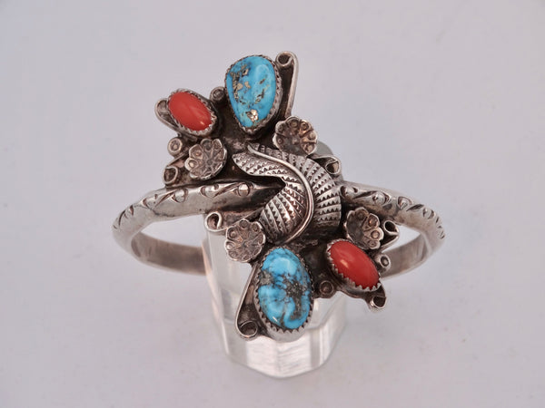 Nabvajo Silver Cuff, Turquoise & Coral Stones in an Unusual Floral and Leaf Center Mount Setting J588