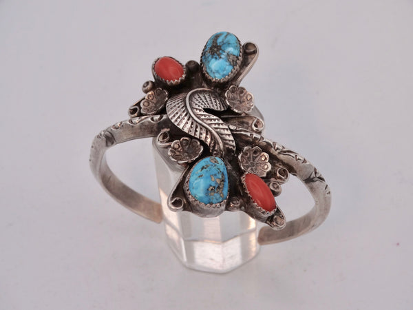 Nabvajo Silver Cuff, Turquoise & Coral Stones in an Unusual Floral and Leaf Center Mount Setting J588