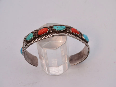 Fabian Cheama Zuni 7-Stone Coral & Turquoise & Silver Cuff in Shadowbox Design J589