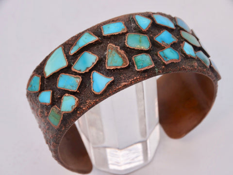 Navajo Solid Copper Cuff w 24 Turquoises Set in a Brutalist Design J593