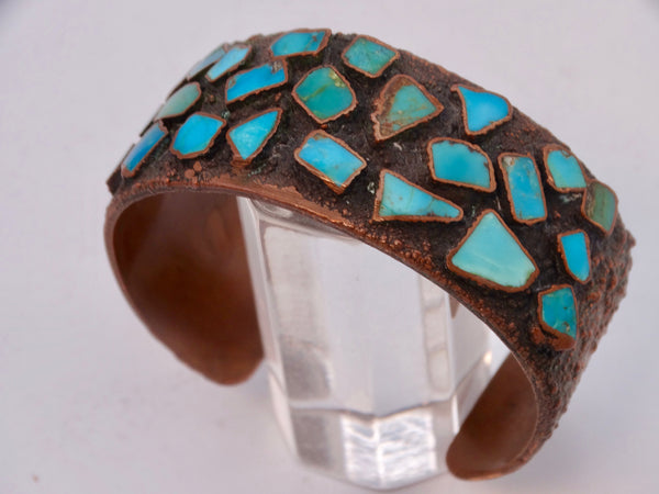 Navajo Solid Copper Cuff w 24 Turquoises Set in a Brutalist Design J593
