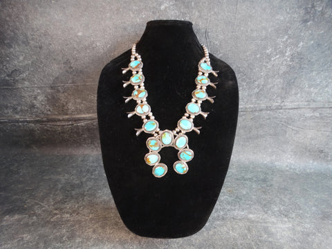 Navajo Turquoise and Silver Squash Blossom Necklace J594