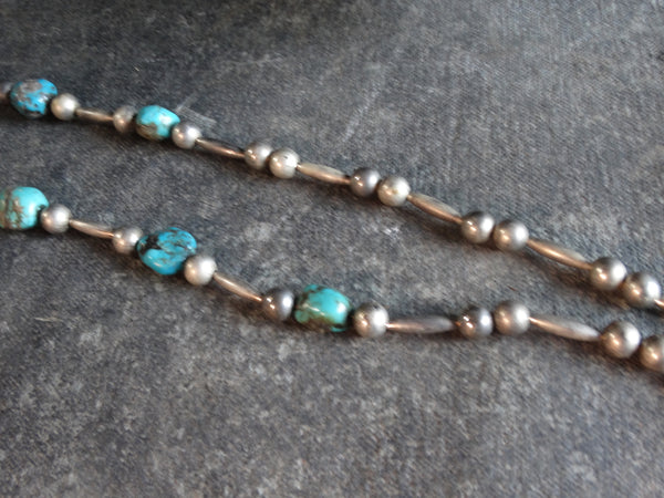 Navajo Handmade Silver Beads and Turquoises Necklace J595