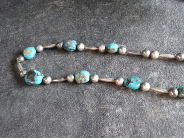 Navajo Handmade Silver Beads and Turquoises Necklace J595