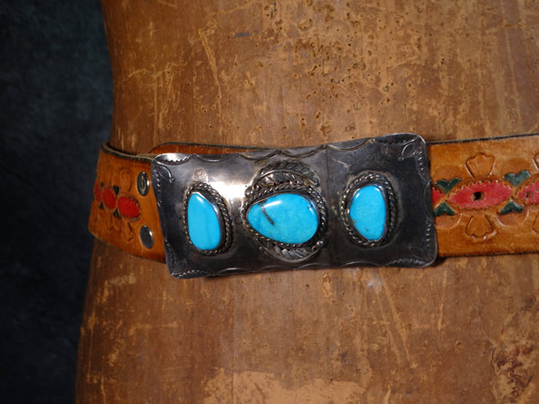Navajo Silver & Turquoise Belt Buckle with Hand-Tooled Belt J598