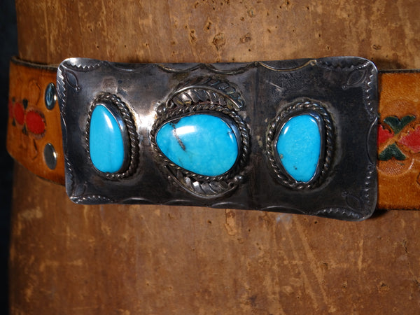 Navajo Silver & Turquoise Belt Buckle with Hand-Tooled Belt J598