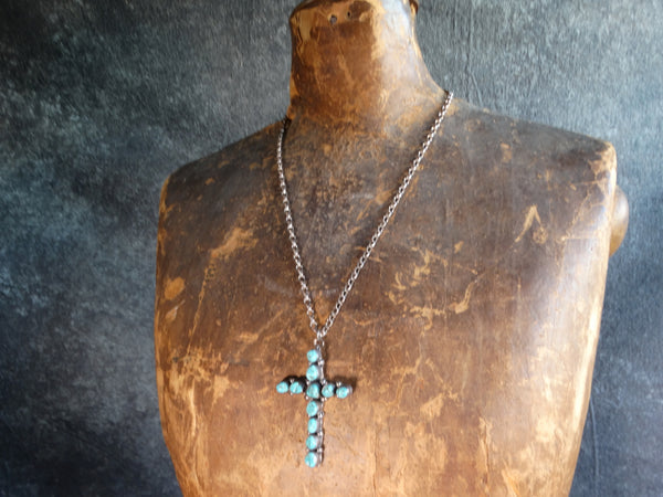 Navajo Pendant Silver & Turquoise Cross and Chain J600