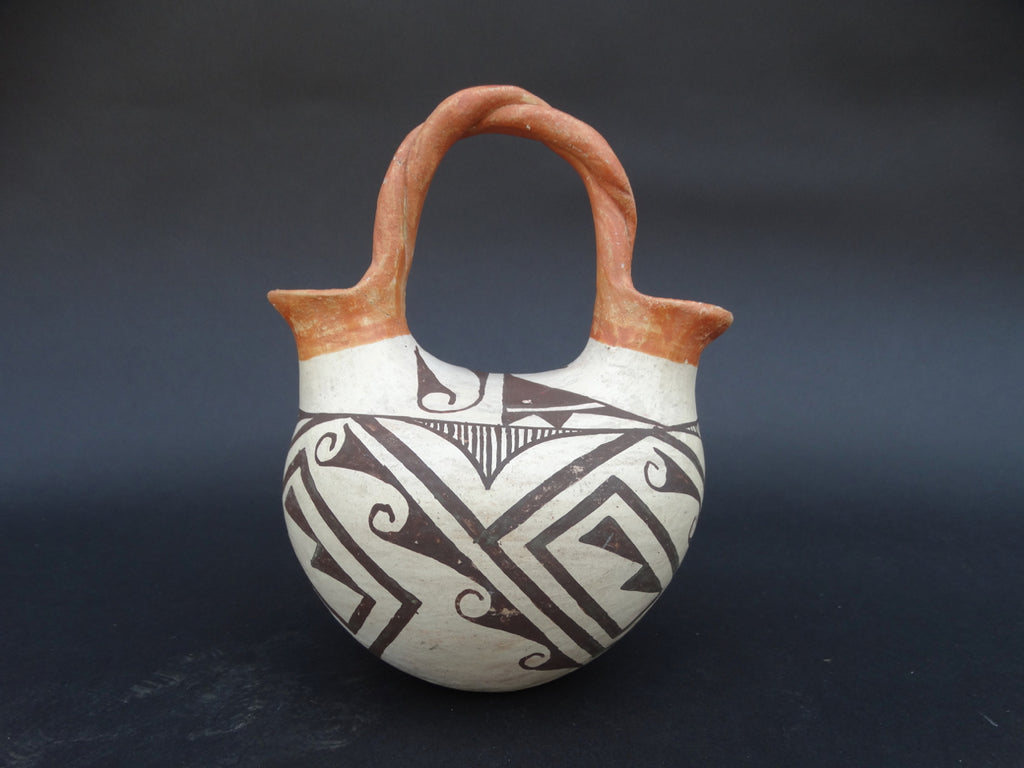Acoma Indian Double-Spouted Entwined-Double-Handled Pottery Vessel