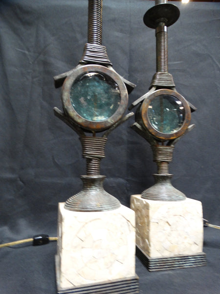 Maitland-Smith Blown-glass, Bronze and Tesselated Stone Pair of Modernist Table Lamps