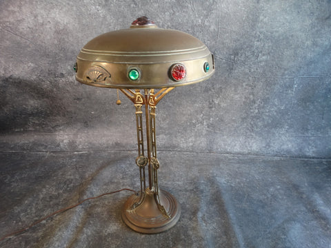 Art nouveau hungarian jeweled brass table lamp