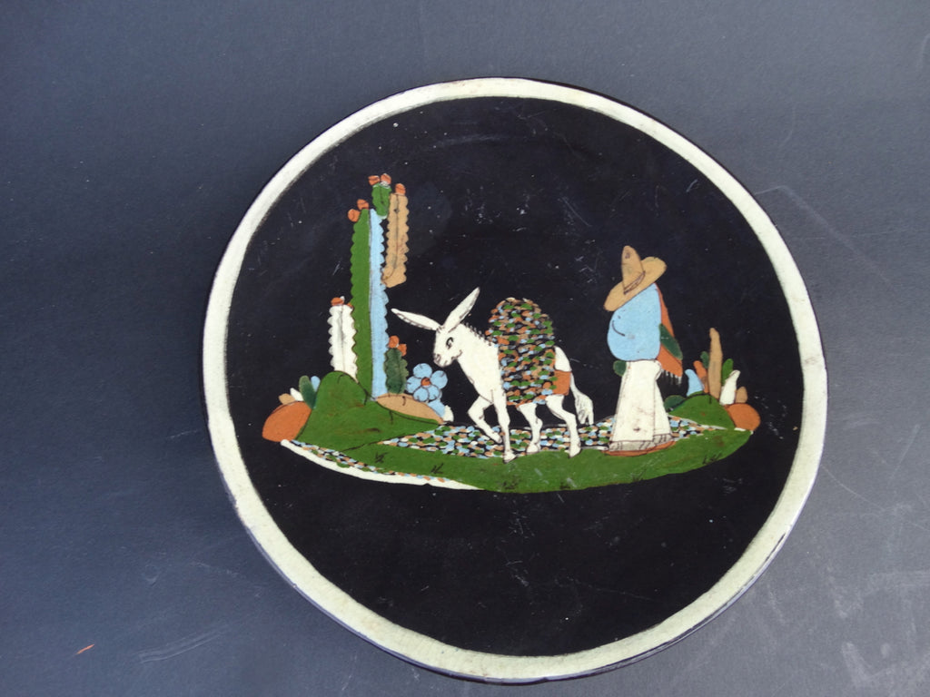 Mexican Tlaquepaque Black Plate - Man with Donkey