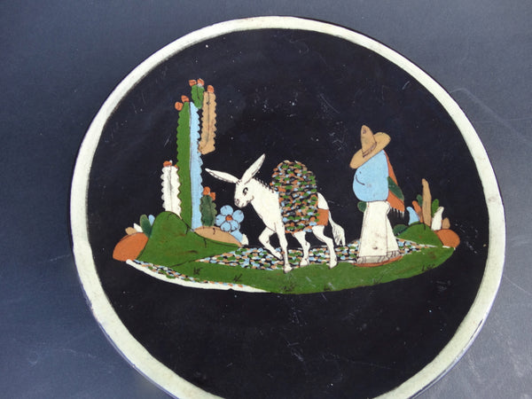 Mexican Tlaquepaque Black Plate - Man with Donkey