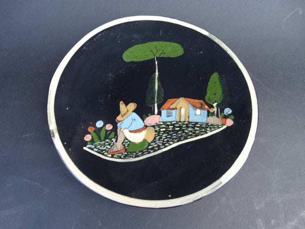 Mexican Tlaquepaque Black Plate - Siesta Man with House