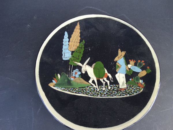 Mexican Tlaquepaque Black Plate - Man with Donkey, Three Trees, Cactus