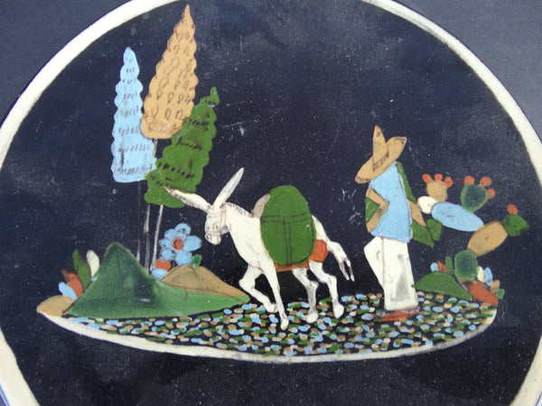 Mexican Tlaquepaque Black Plate - Man with Donkey, Three Trees, Cactus