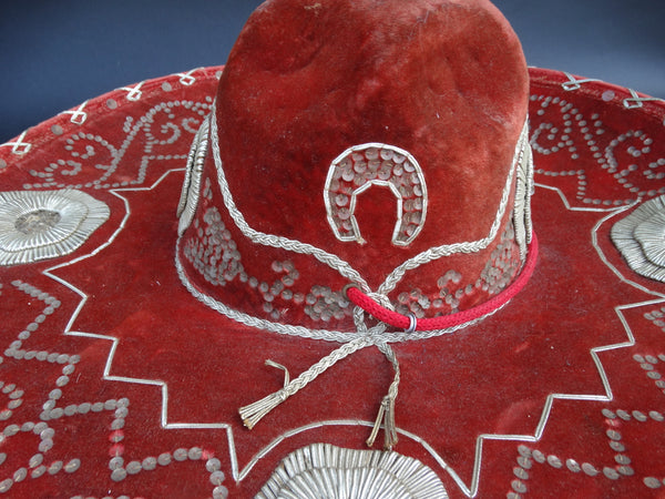 Mexican Red Velvet and Silver Braided Men's Hat