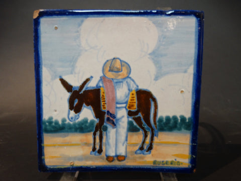 Mexican Talavera Tile - Rugerio - Man Saddling Donkey