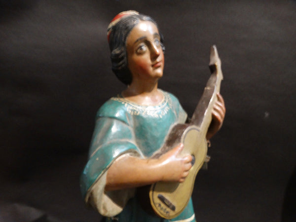 Mexican Hand-carved and Painted Wooden Figure Woman with Guitar c 1930s