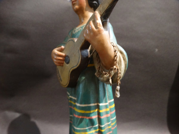 Mexican Hand-carved and Painted Wooden Figure Woman with Guitar c 1930s