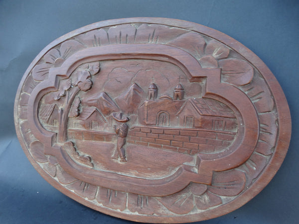 Mexican Hand-carved Oval Wooden Scenic Plaque