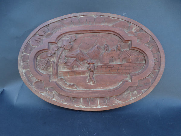 Mexican Hand-carved Oval Wooden Scenic Plaque