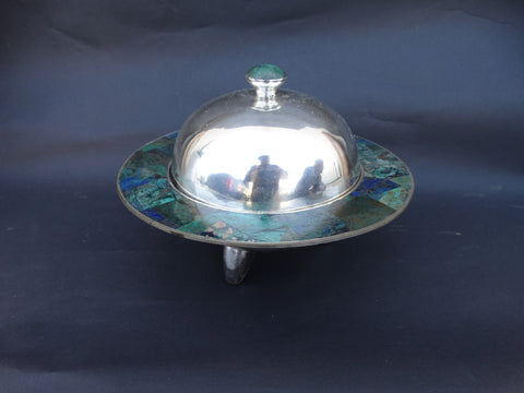 Los Castillo Silverplate and Inlaid Lapis and Malachite Covered Dish